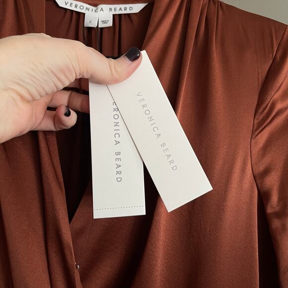 NWT Veronica Beard Agatha Wrap Dress in Cognac Size 2 Brown Silky Satin Ruched - Picture 15 of 16